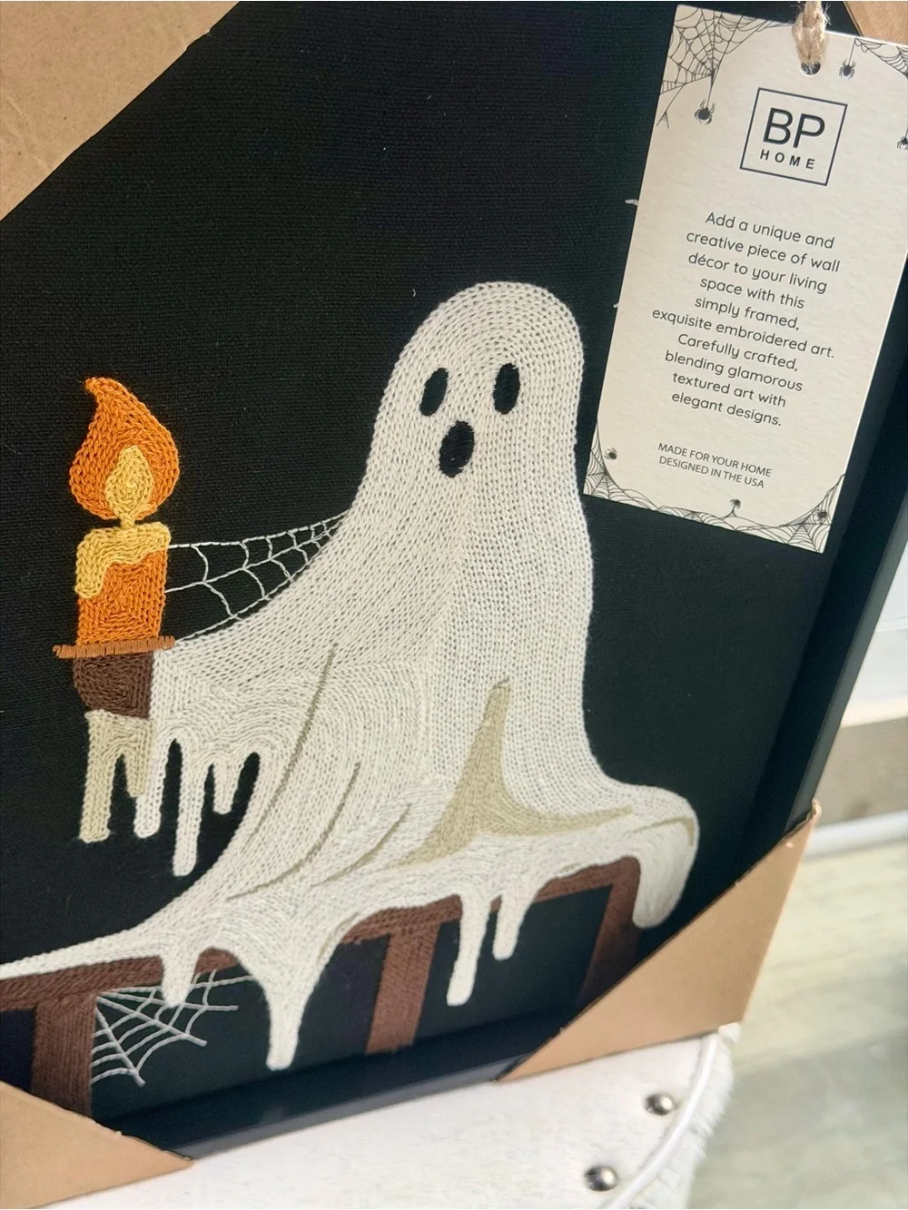 BP Home Halloween Ghost Embroidered Wall Art 12x15 Black White Candle Cobweb NWT